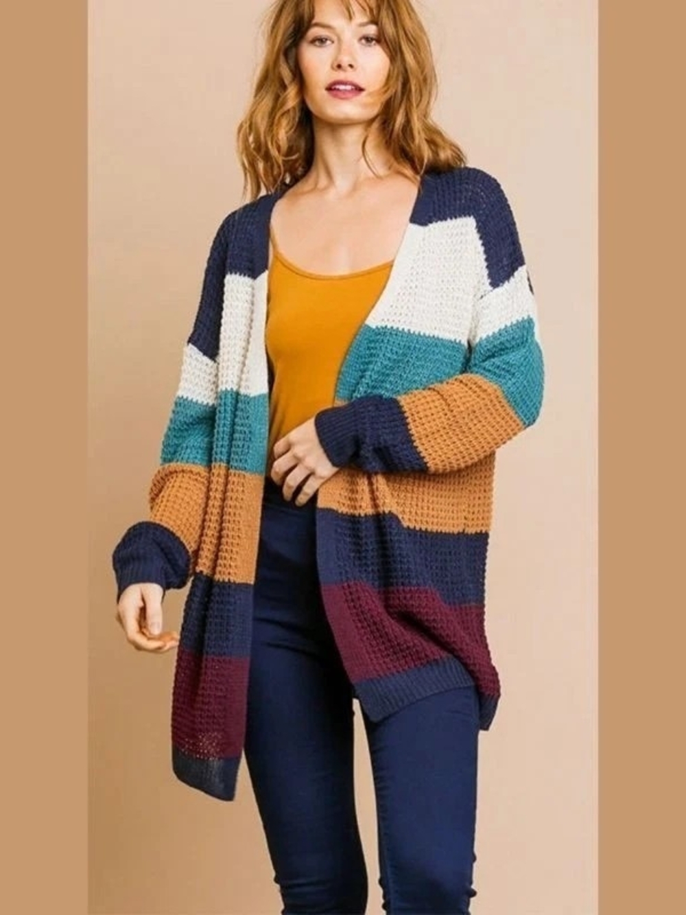 Umgee Striped Colorblock Open Knit Cardigan Sweater M